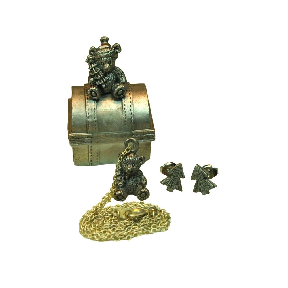 Pewter Teddy Bear Necklace & Xmas Tree Earrings Inside Teddy Bear Box with Bag